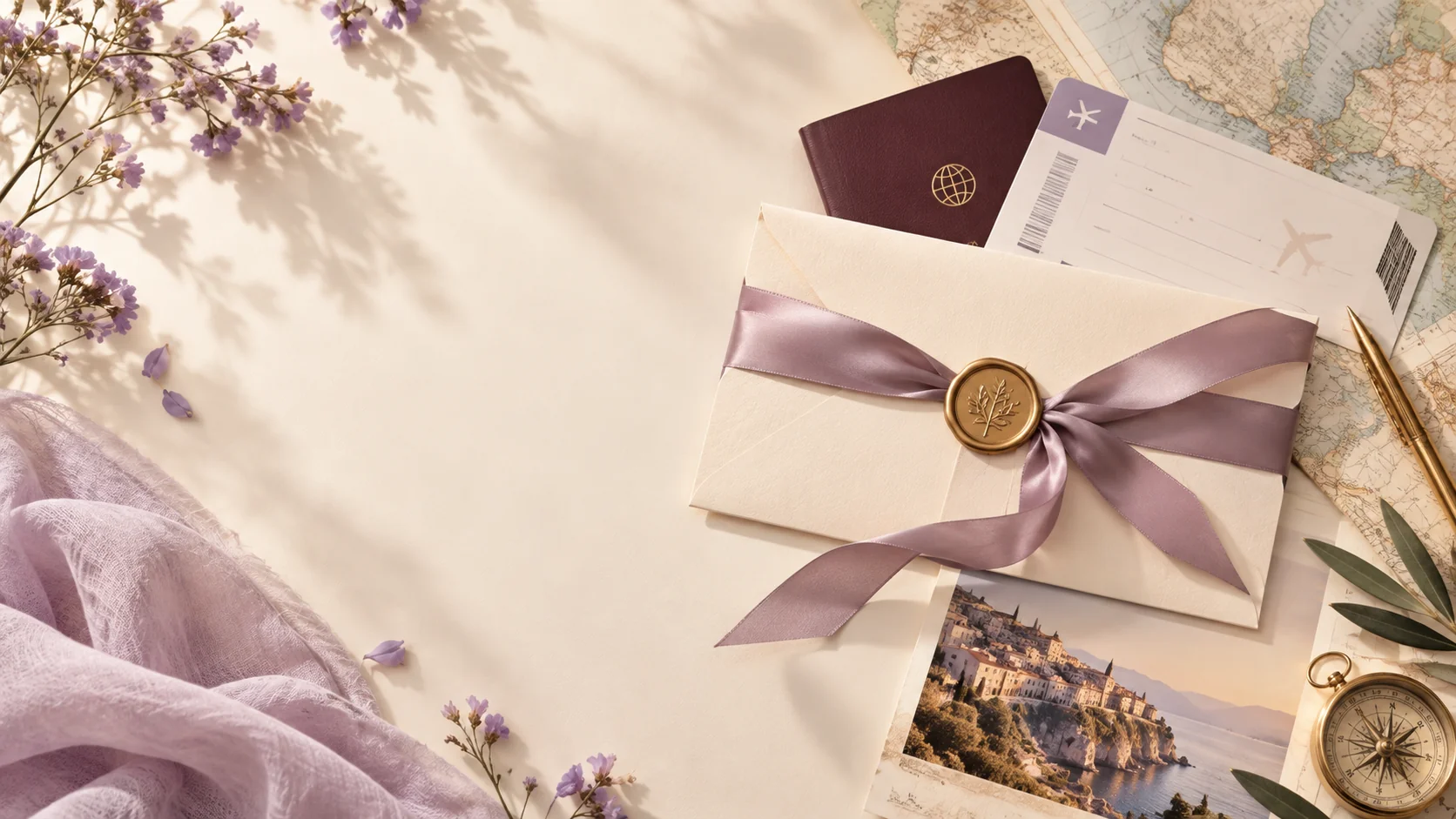 Elegant travel-planning gift with envelope and ribbon